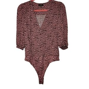 AFRM Pink/Black Animal Print V-Neck Bodysuit Size L Button Front 1/2 Sleeve